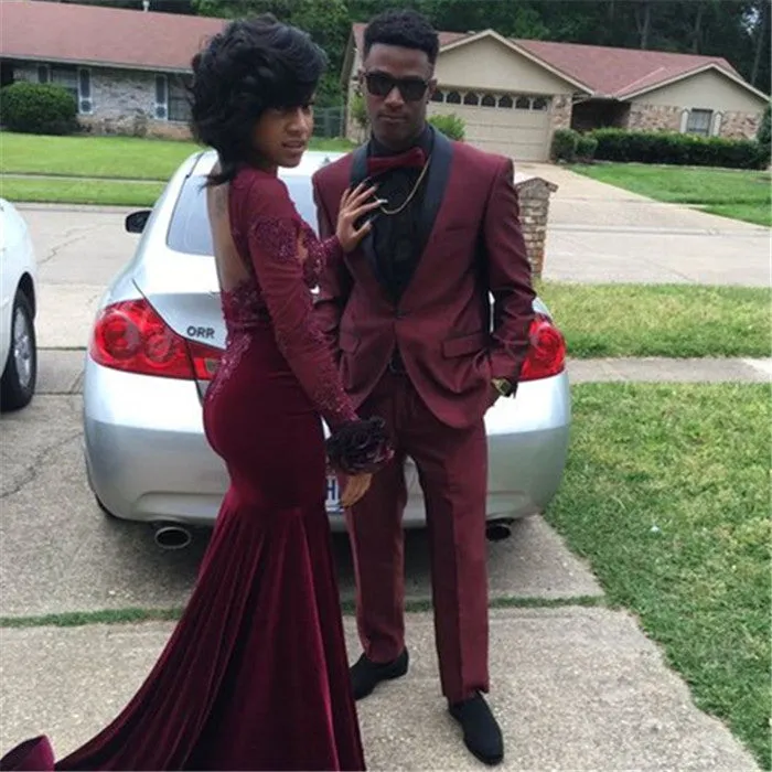 Burgundy Black Shawl One Button Slim Fit Prom Party Men Suit