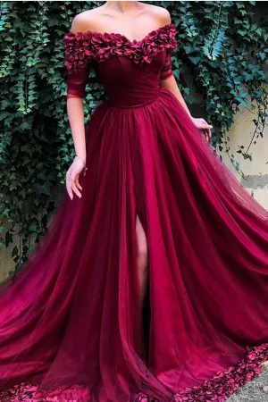 Burgundy Off the Shoulder Half-Sleeve A-line Tulle Long Pom Dresses, MP429