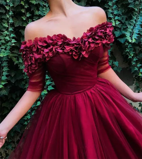Burgundy Off the Shoulder Half-Sleeve A-line Tulle Long Pom Dresses, MP429