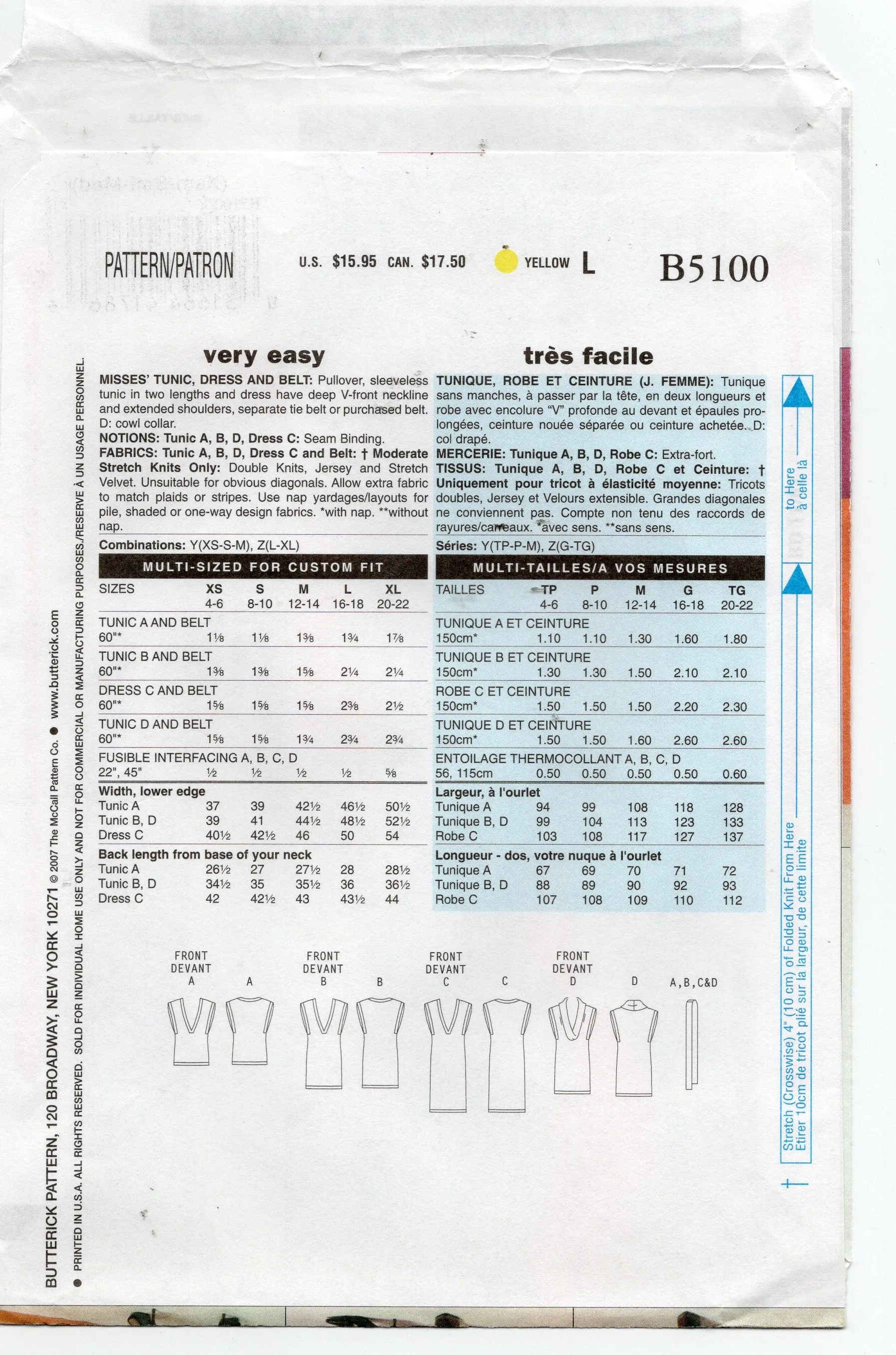 Butterick B5100 Womens EASY Stretch Tunic Dress & Belt Out Of Print Sewing Pattern Size XS - M UNCUT Factory Folded
