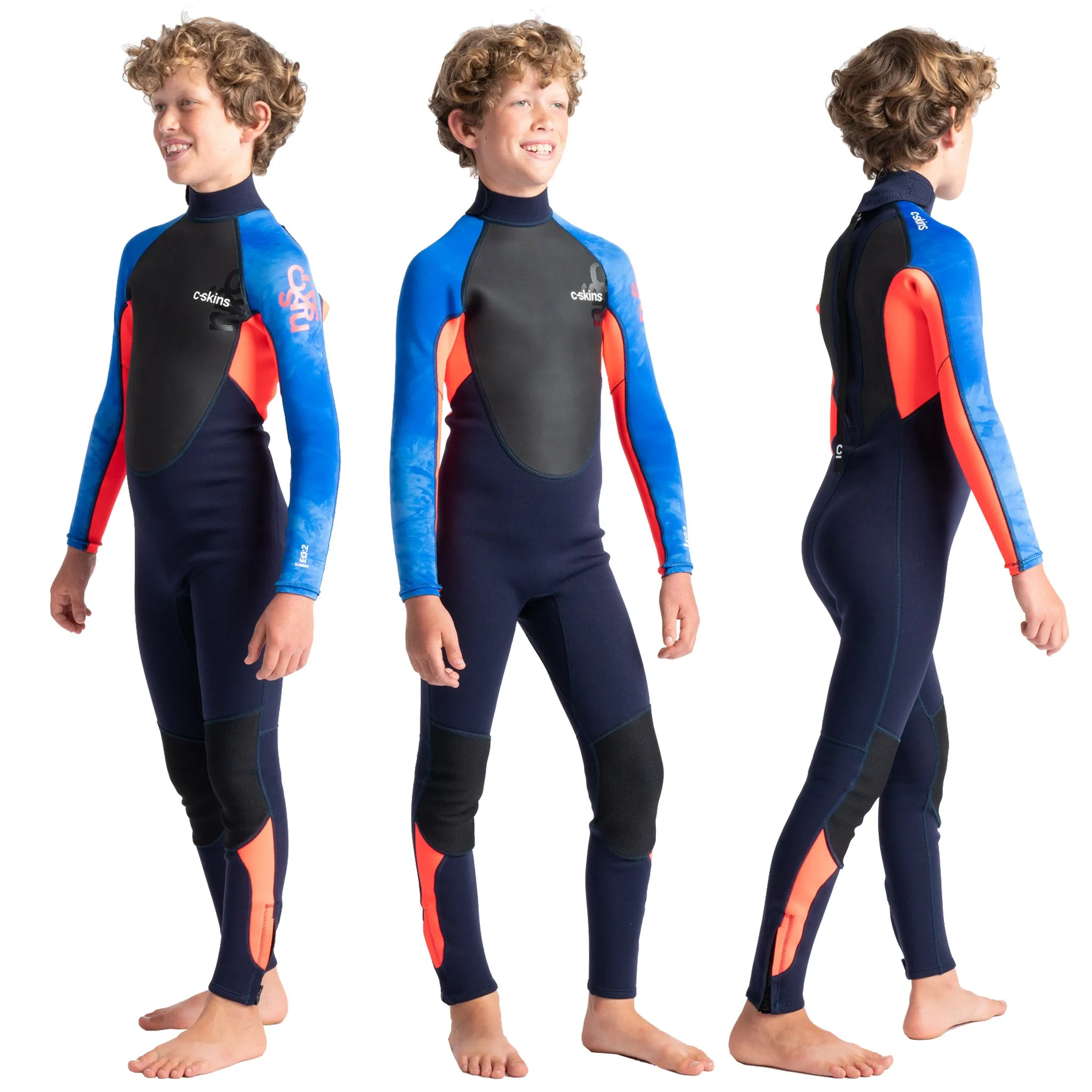 C-Skins Element Junior Unisex 3:2mm Steamer Wetsuit - Slate Navy/Flo Red/Blue Tie Dye