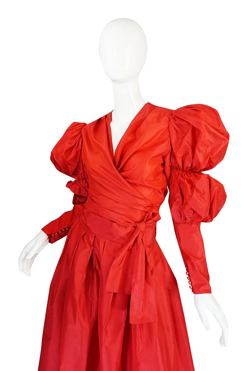 c1980 Red Silk Yves Saint Laurent Attr Wrap Top & Skirt