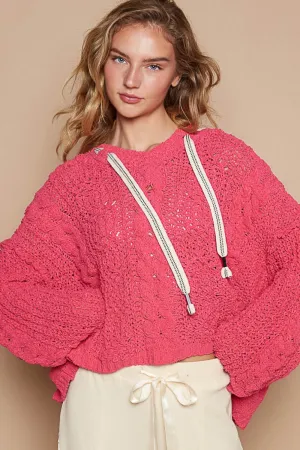Cable Knit Hooded Fuchsia Chenille Sweater