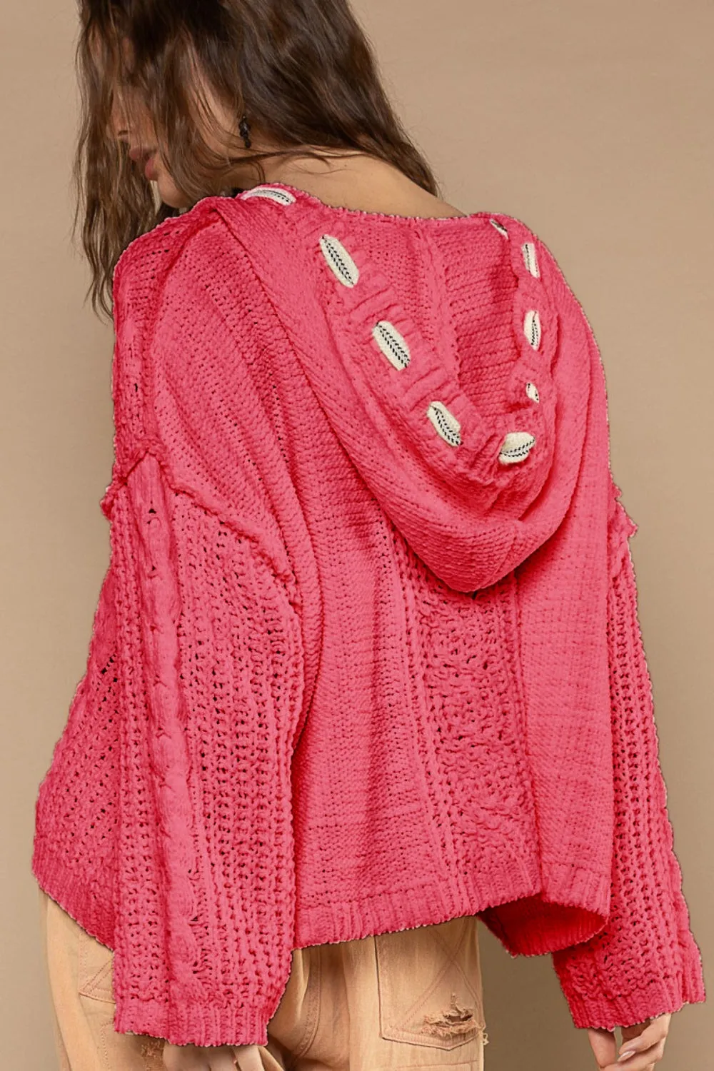 Cable Knit Hooded Fuchsia Chenille Sweater