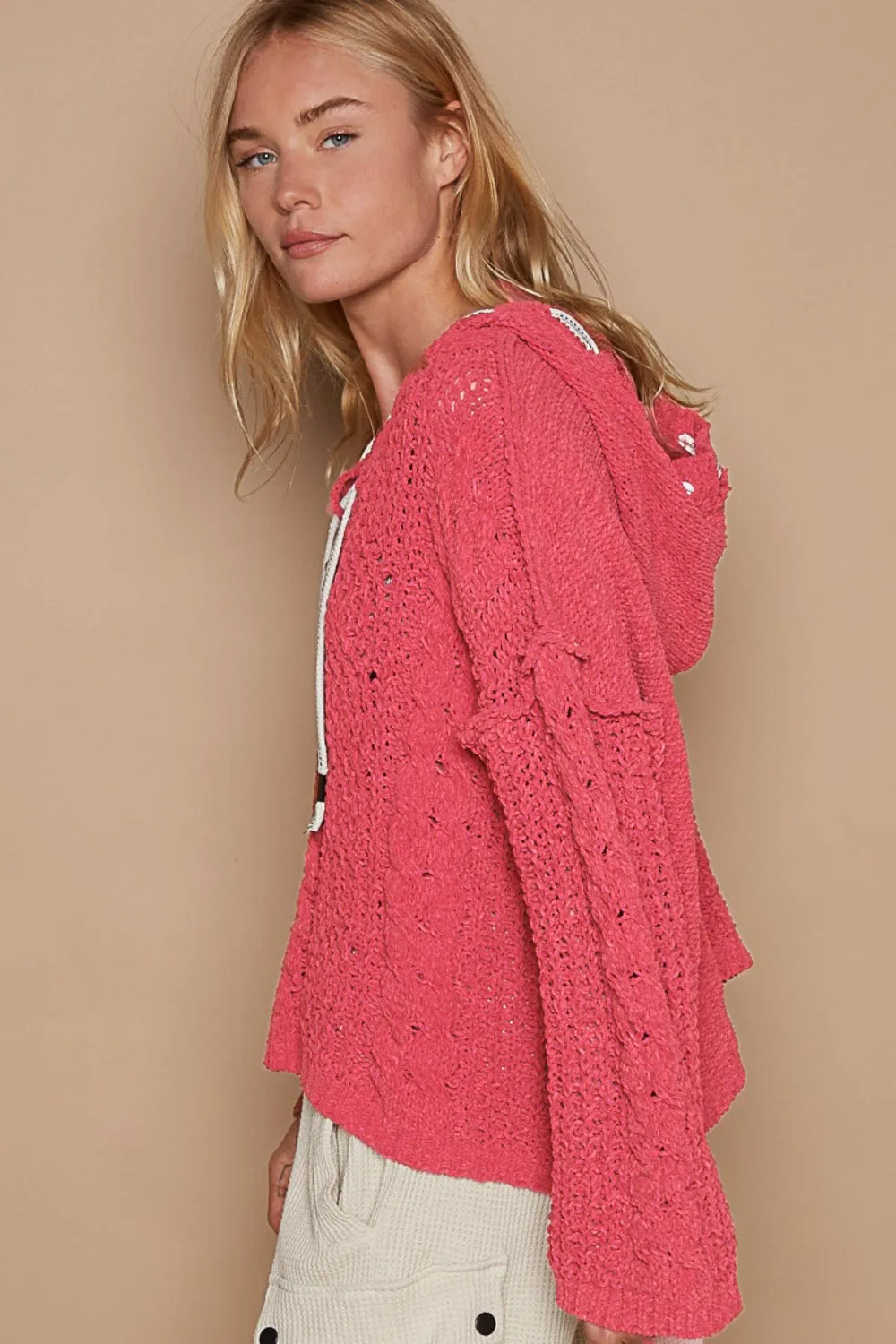 Cable Knit Hooded Fuchsia Chenille Sweater