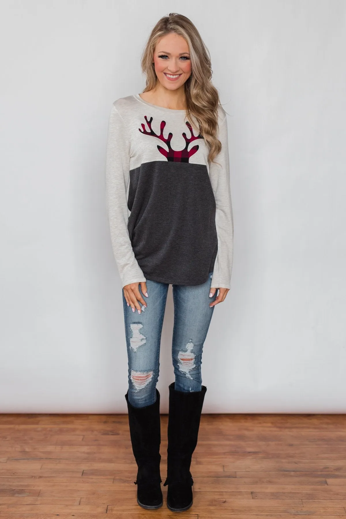 Call In The Reindeer Top- Oatmeal & Charcoal
