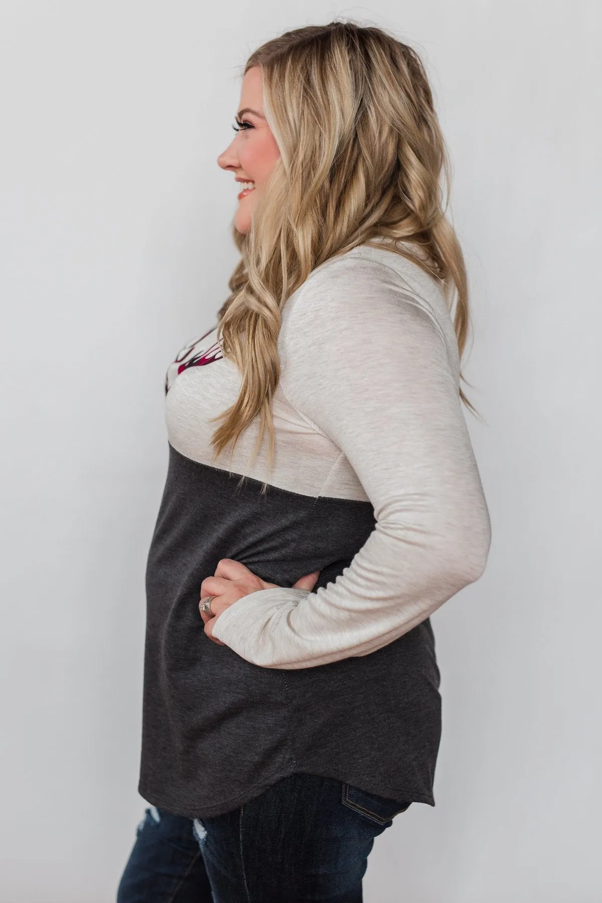 Call In The Reindeer Top- Oatmeal & Charcoal