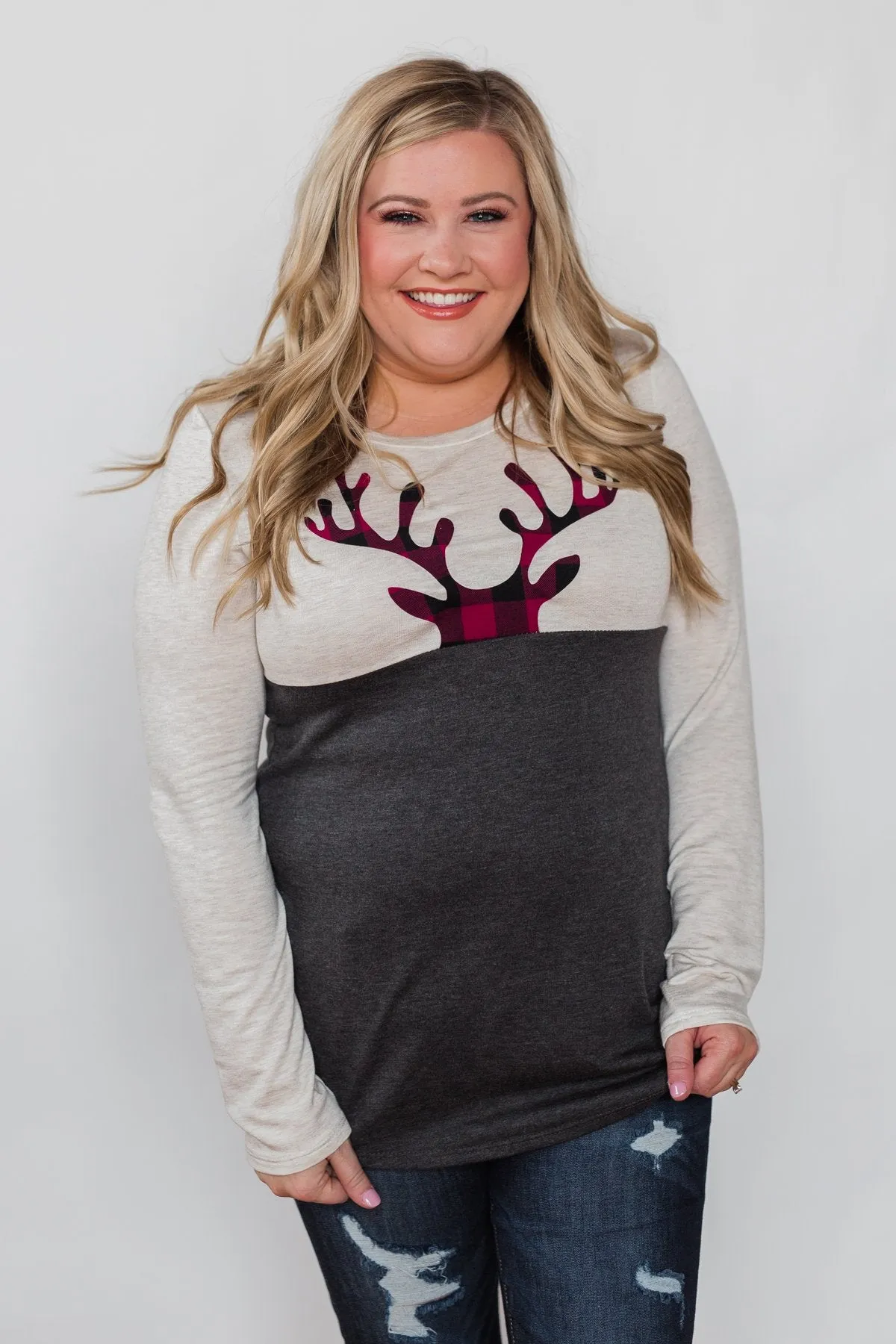 Call In The Reindeer Top- Oatmeal & Charcoal