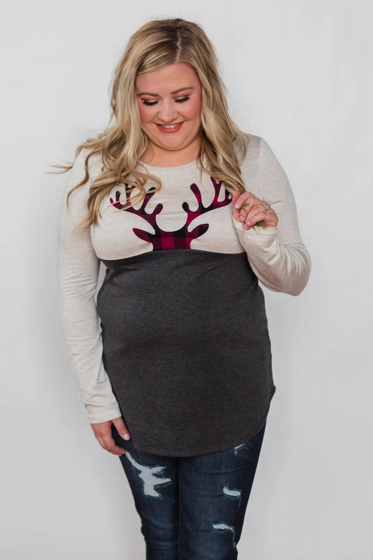 Call In The Reindeer Top- Oatmeal & Charcoal