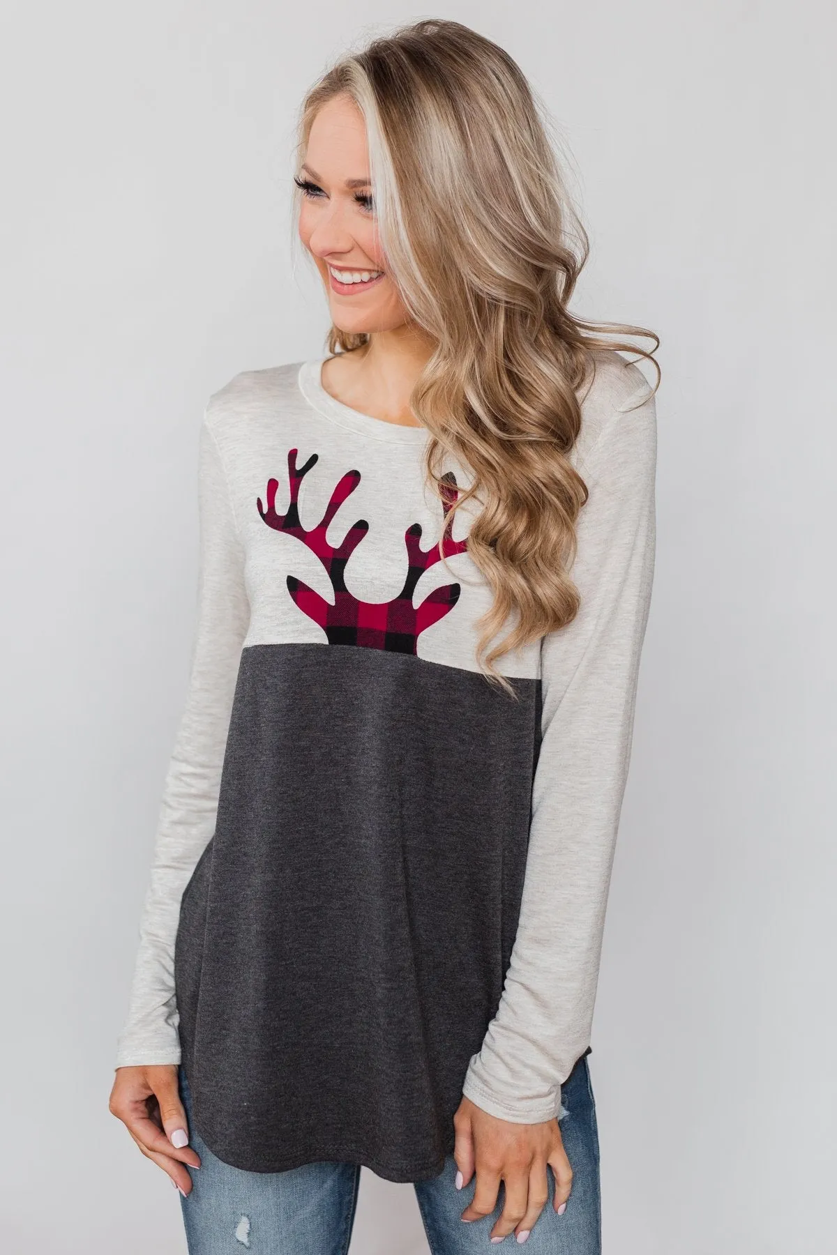 Call In The Reindeer Top- Oatmeal & Charcoal