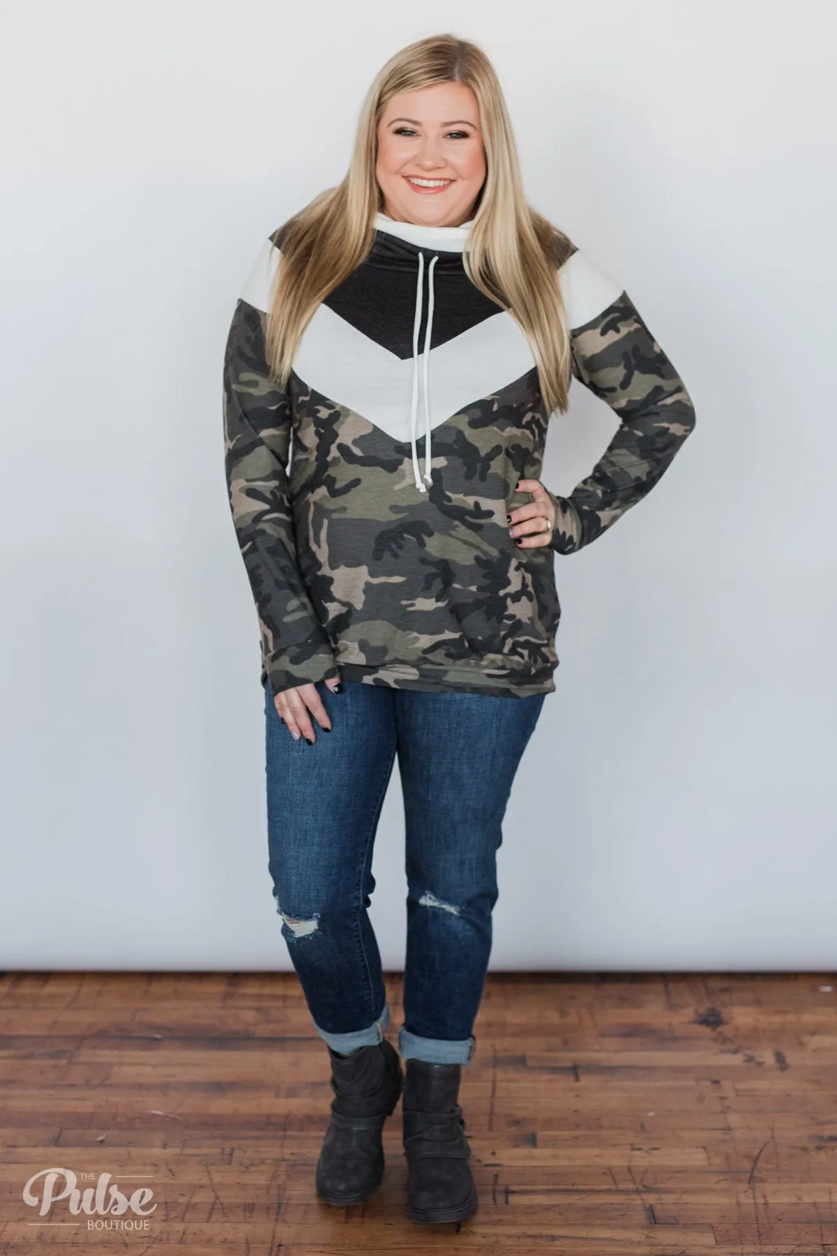 Camo Chevron Cowl Neck Top