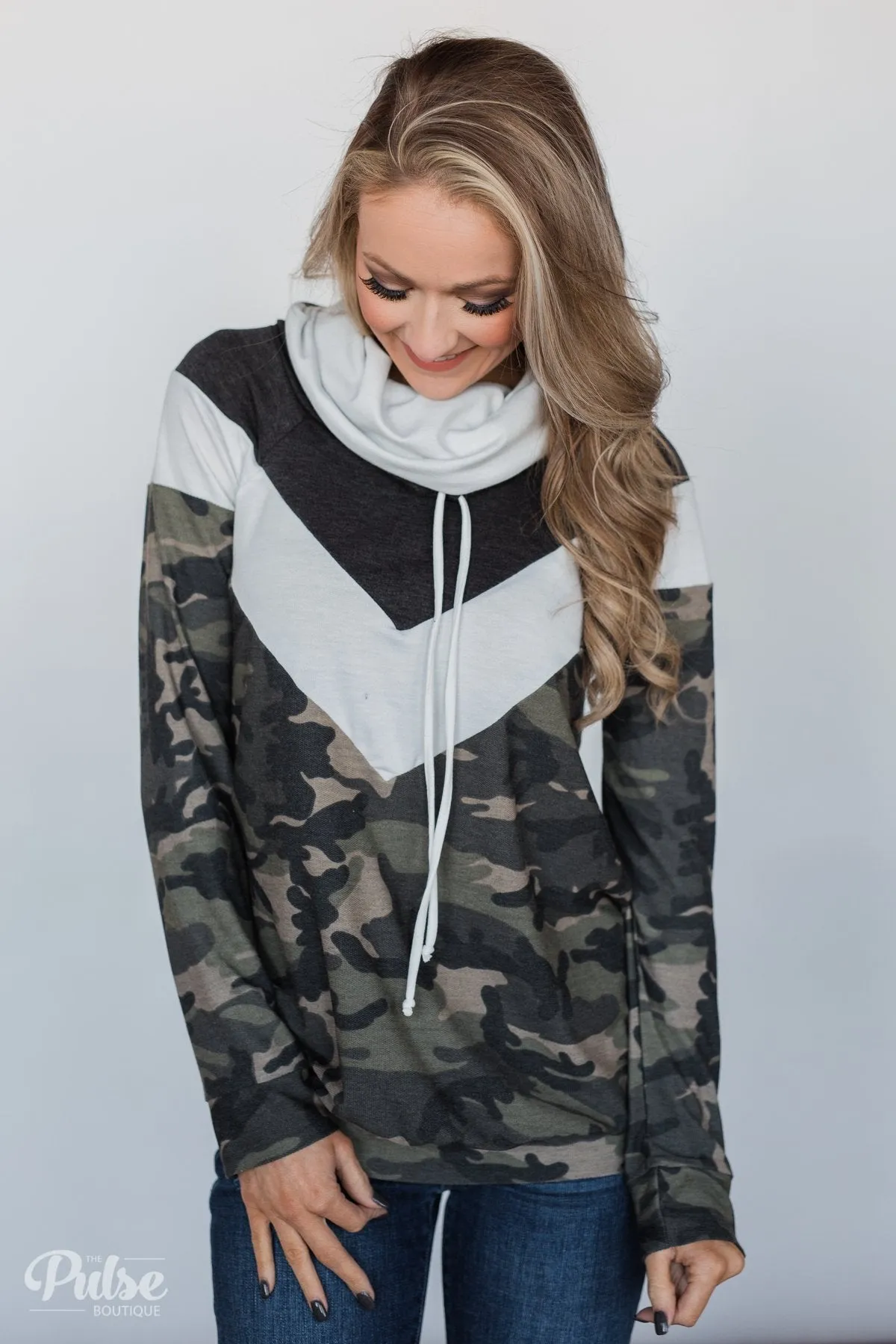 Camo Chevron Cowl Neck Top