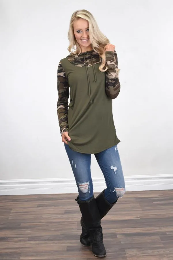Camo Cowl Neck Top