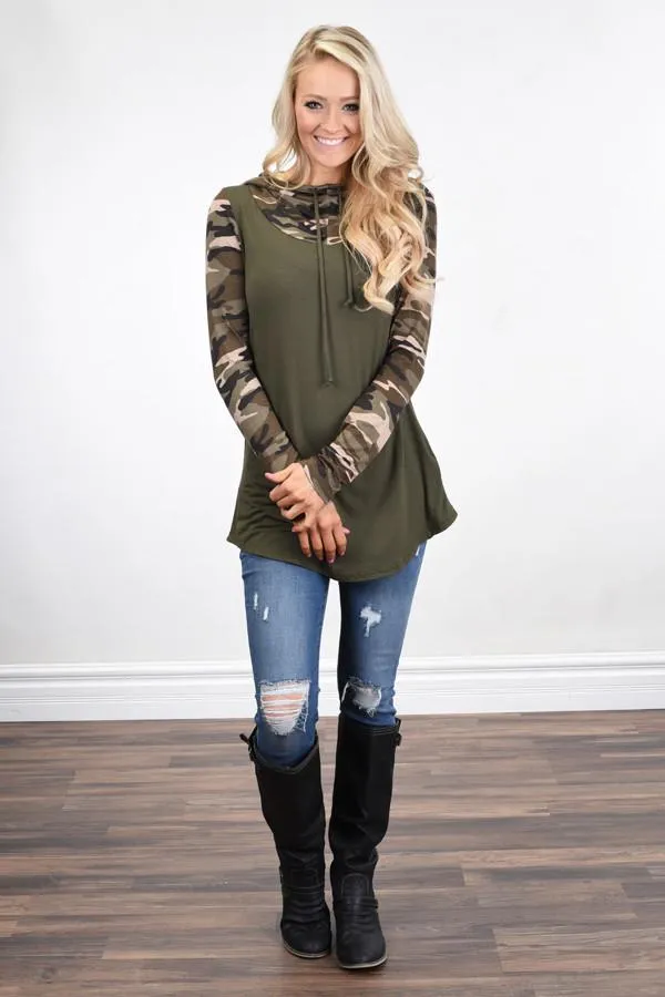 Camo Cowl Neck Top