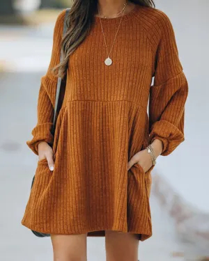 Casual Round Neck Knit Sweaters Pocket Mini Dresses