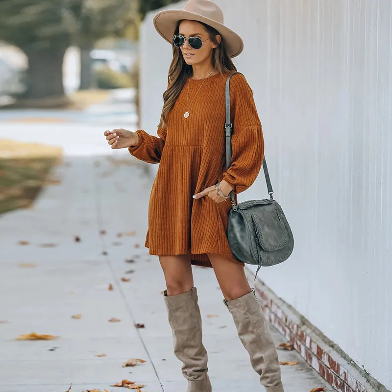 Casual Round Neck Knit Sweaters Pocket Mini Dresses