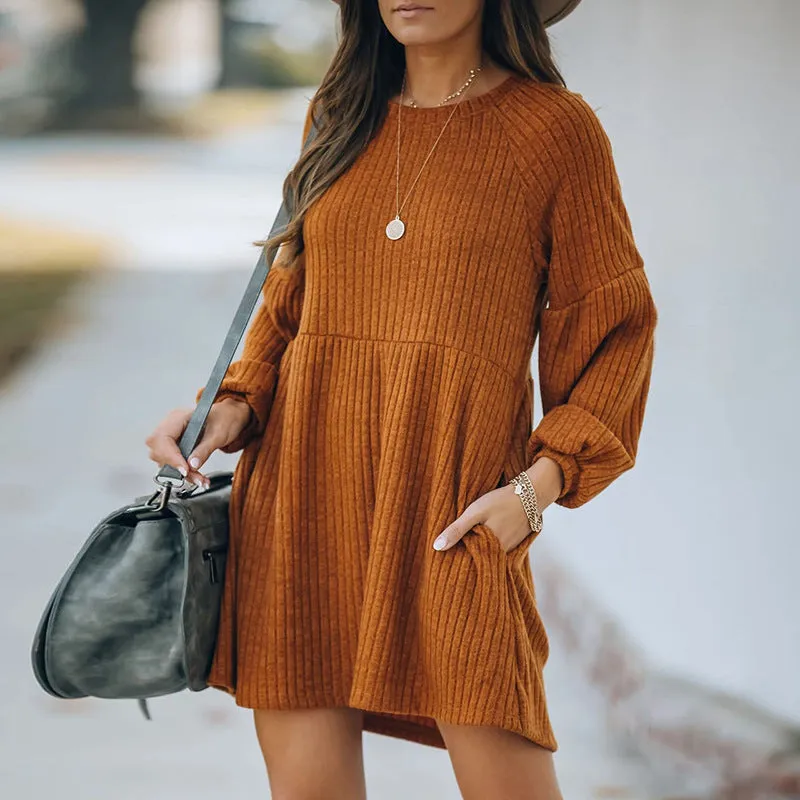 Casual Round Neck Knit Sweaters Pocket Mini Dresses