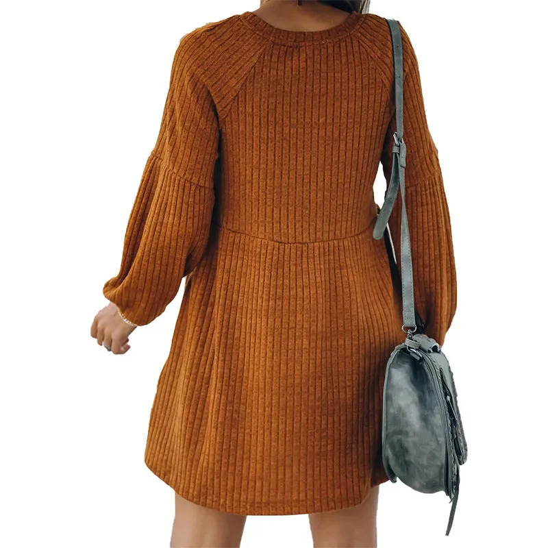 Casual Round Neck Knit Sweaters Pocket Mini Dresses