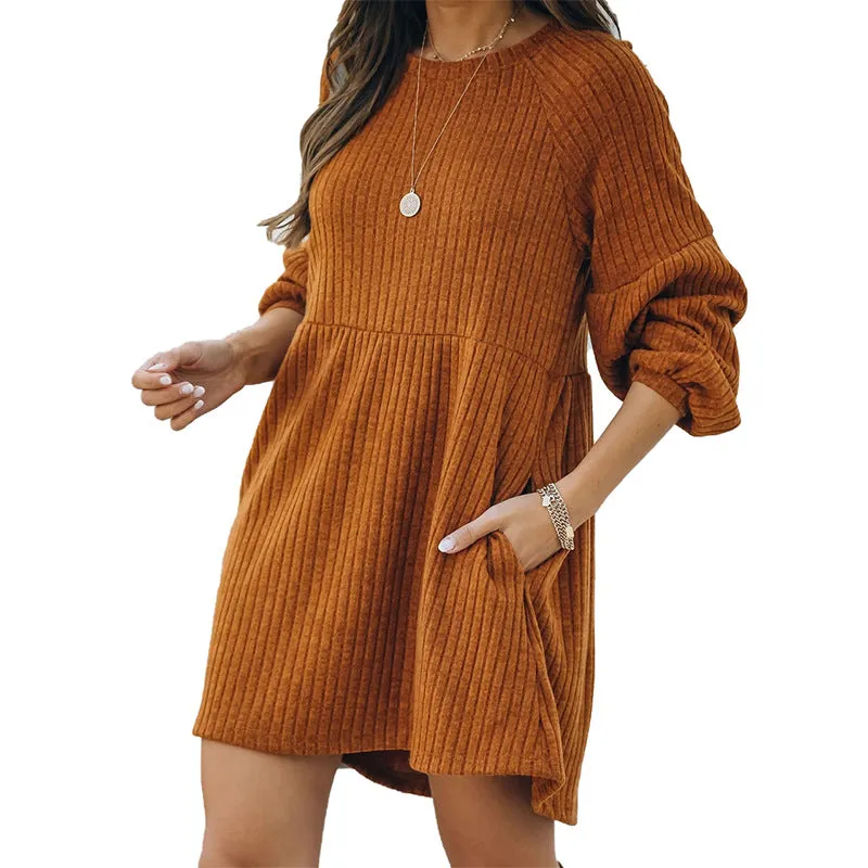 Casual Round Neck Knit Sweaters Pocket Mini Dresses