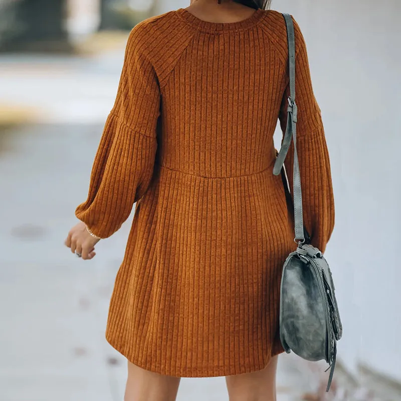Casual Round Neck Knit Sweaters Pocket Mini Dresses