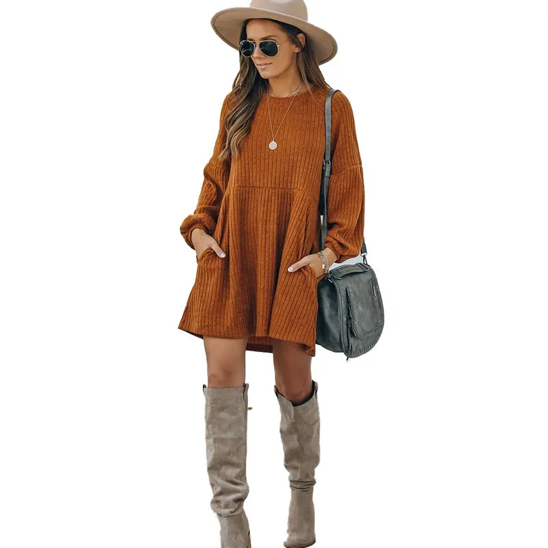 Casual Round Neck Knit Sweaters Pocket Mini Dresses