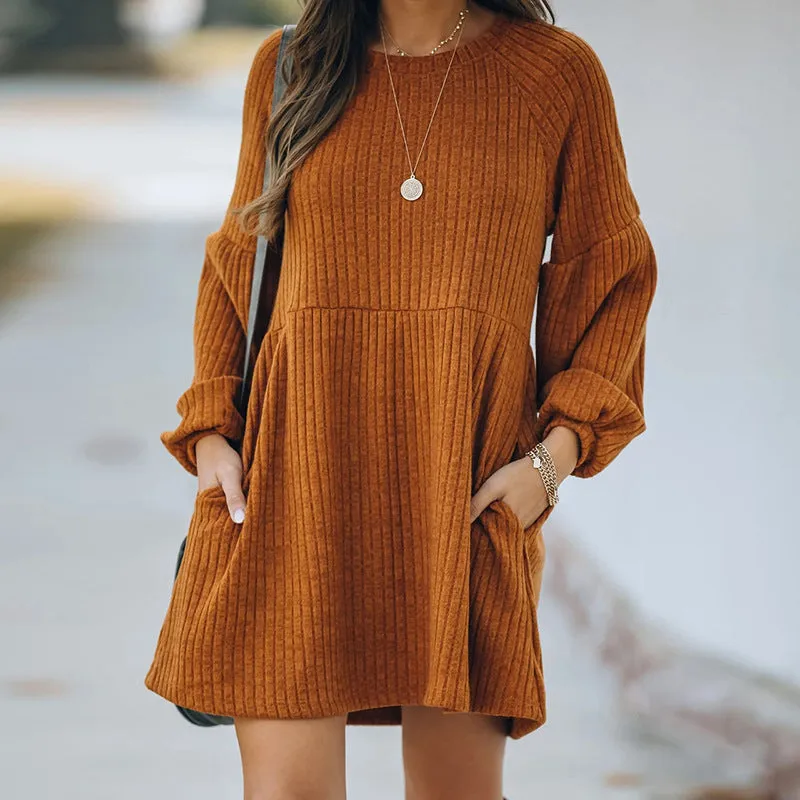 Casual Round Neck Knit Sweaters Pocket Mini Dresses