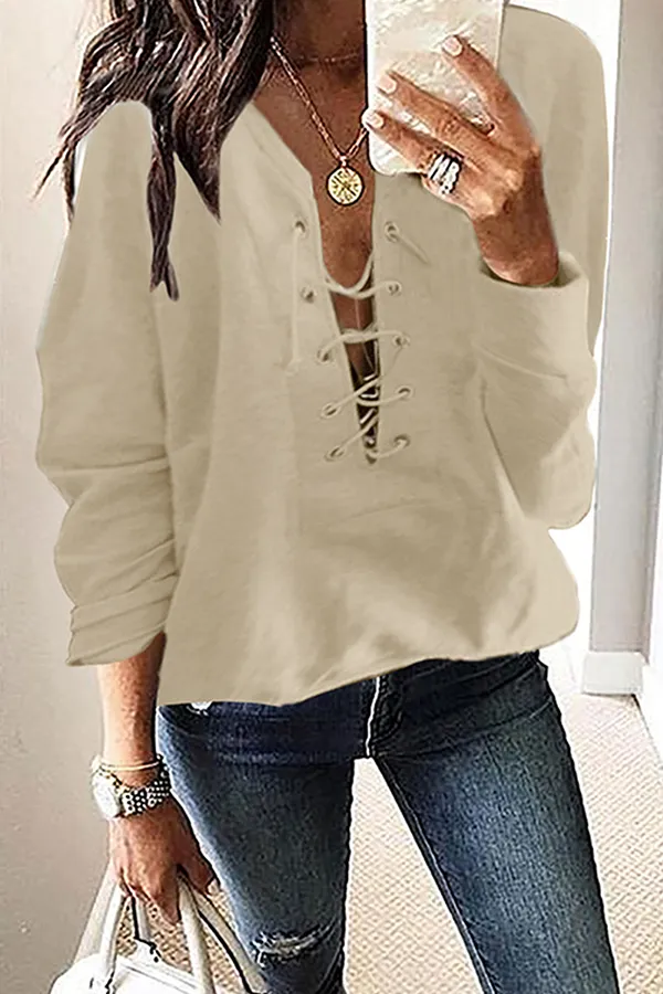 Casual Solid Patchwork Cross Straps V Neck Tops