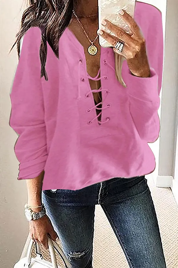 Casual Solid Patchwork Cross Straps V Neck Tops