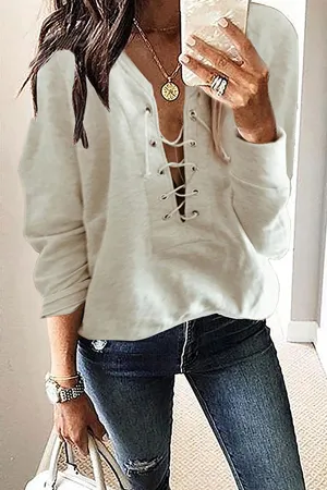Casual Solid Patchwork Cross Straps V Neck Tops