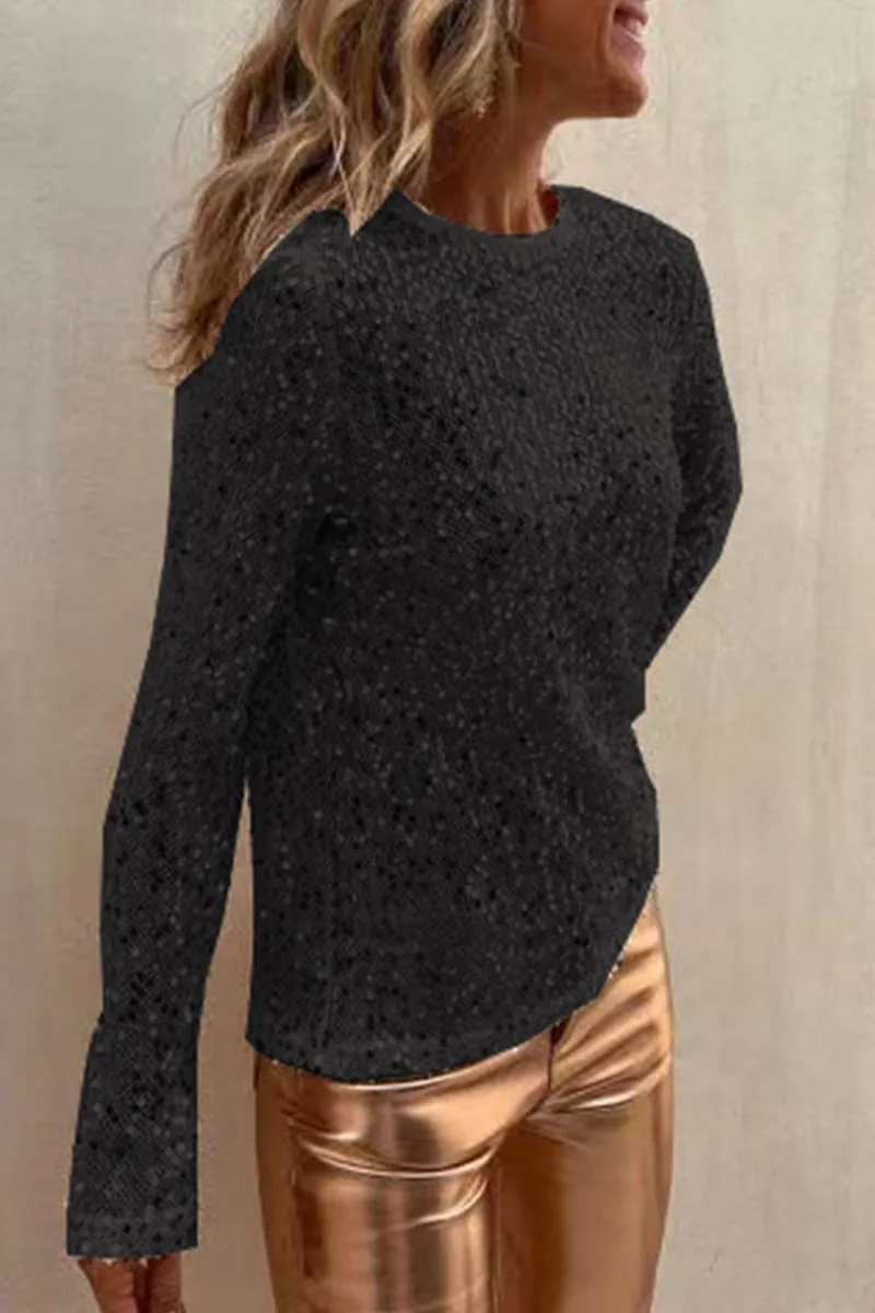 Casual Solid Sequins Sequined O Neck Tops