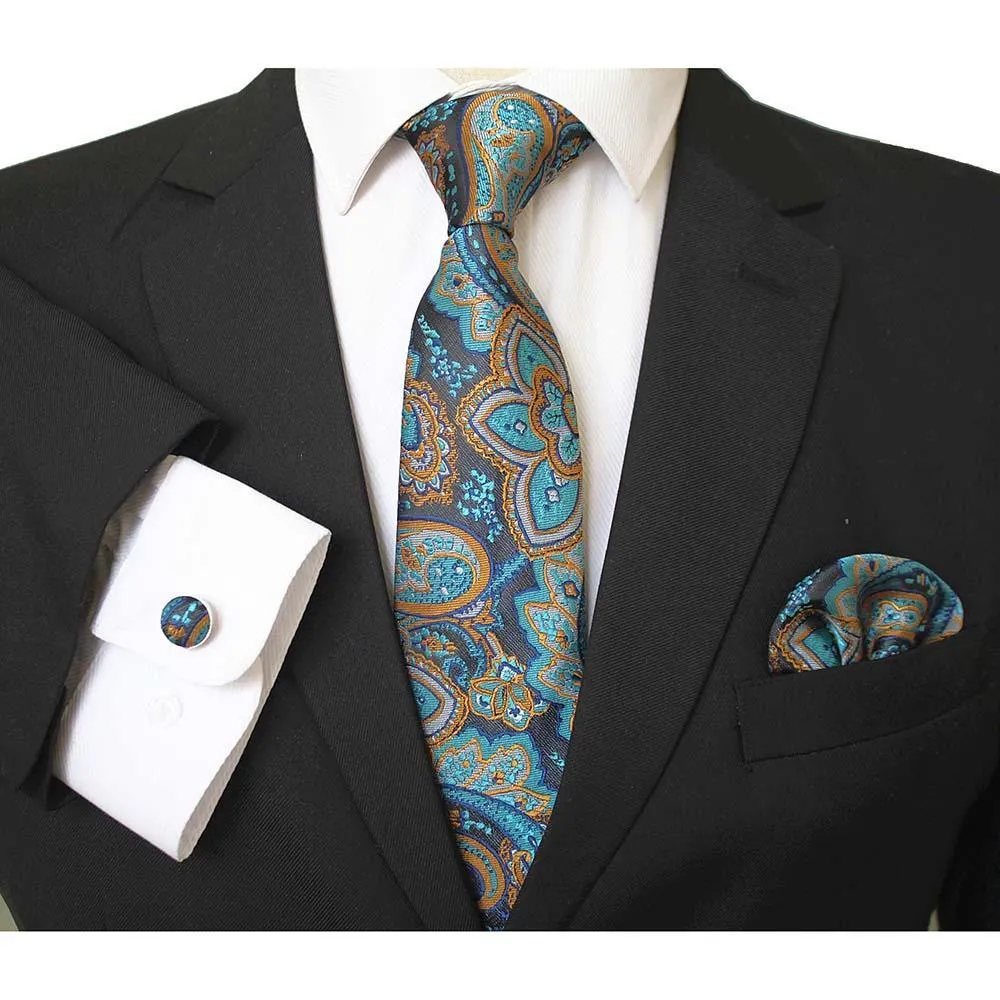 Celino Blue And Gold Paisley Silk Necktie with Cufflinks & Pocket Square for Men