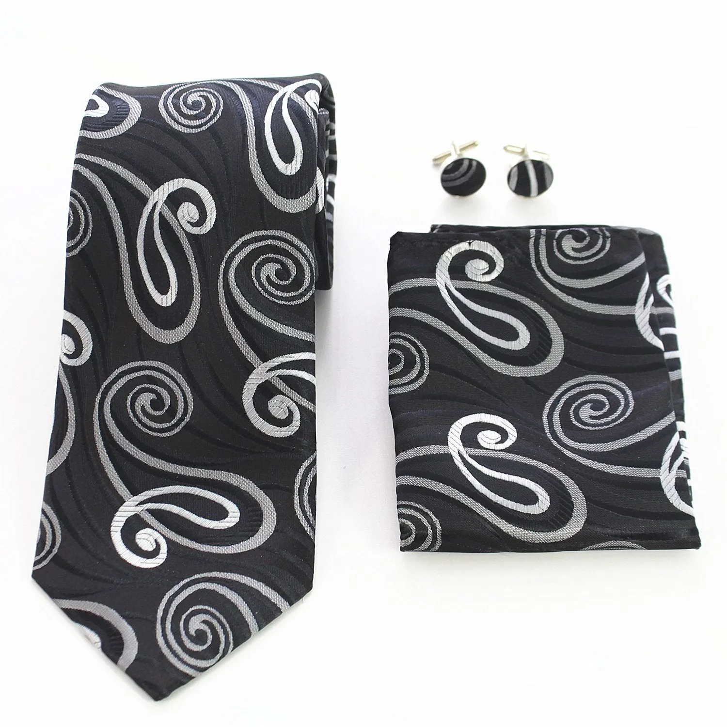 Celino Dark Gray And White Silk Necktie with Cufflinks & Pocket Square for Men
