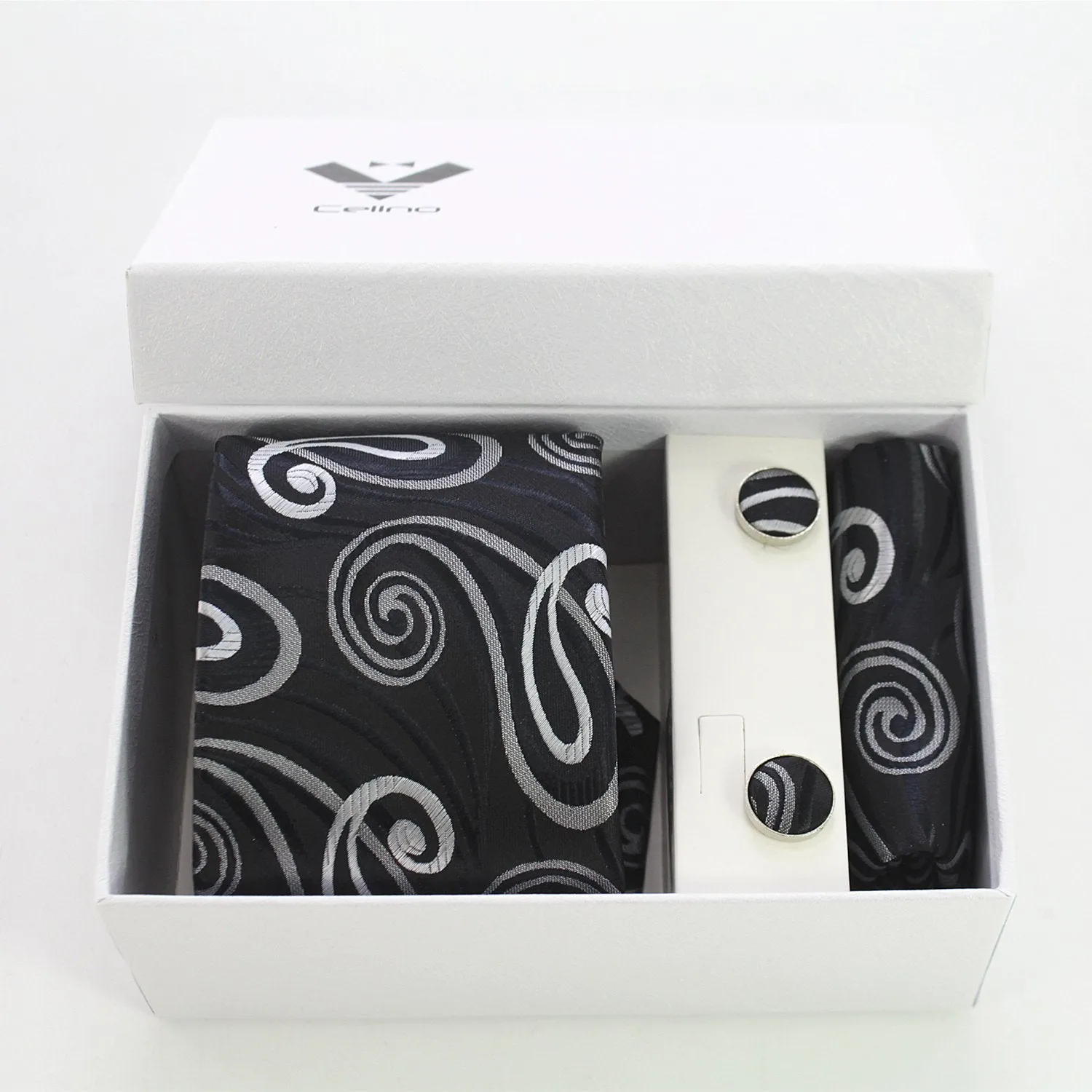Celino Dark Gray And White Silk Necktie with Cufflinks & Pocket Square for Men
