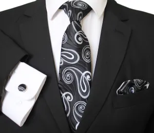 Celino Dark Gray And White Silk Necktie with Cufflinks & Pocket Square for Men