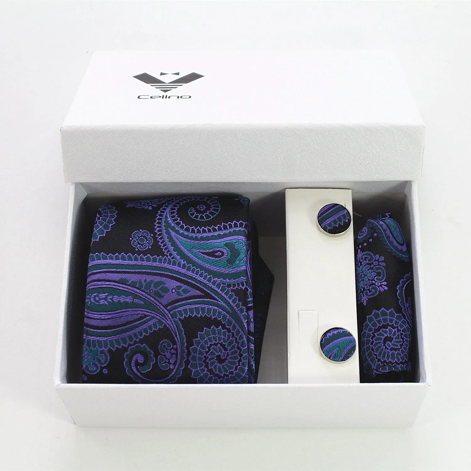 Celino Lapis Blue And Black Silk Necktie with Cufflinks & Pocket Square for Men