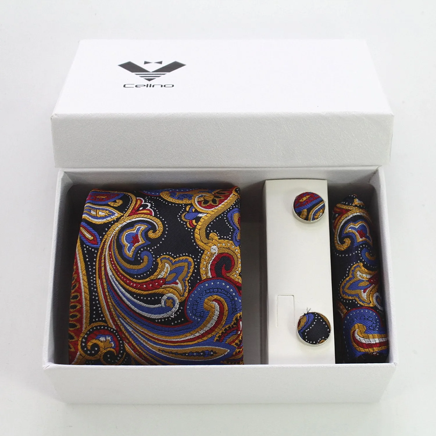Celino Multi Color Paisley Silk Necktie with Cufflinks & Pocket Square for Men