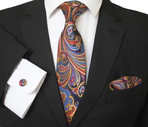 Celino Multi Color Paisley Silk Necktie with Cufflinks & Pocket Square for Men