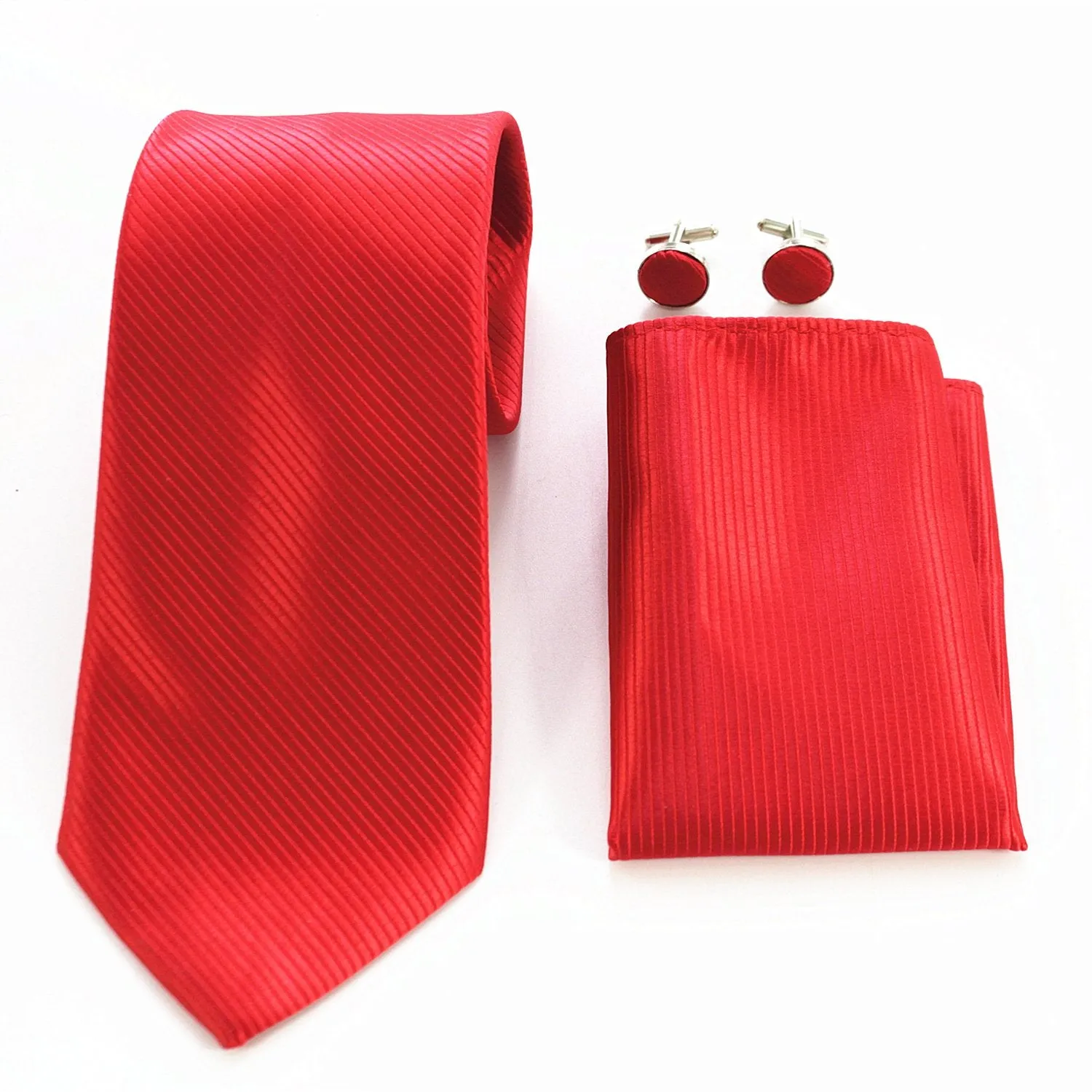 Celino Solid Candy Red Silk Necktie with Cufflinks & Pocket Square for Men
