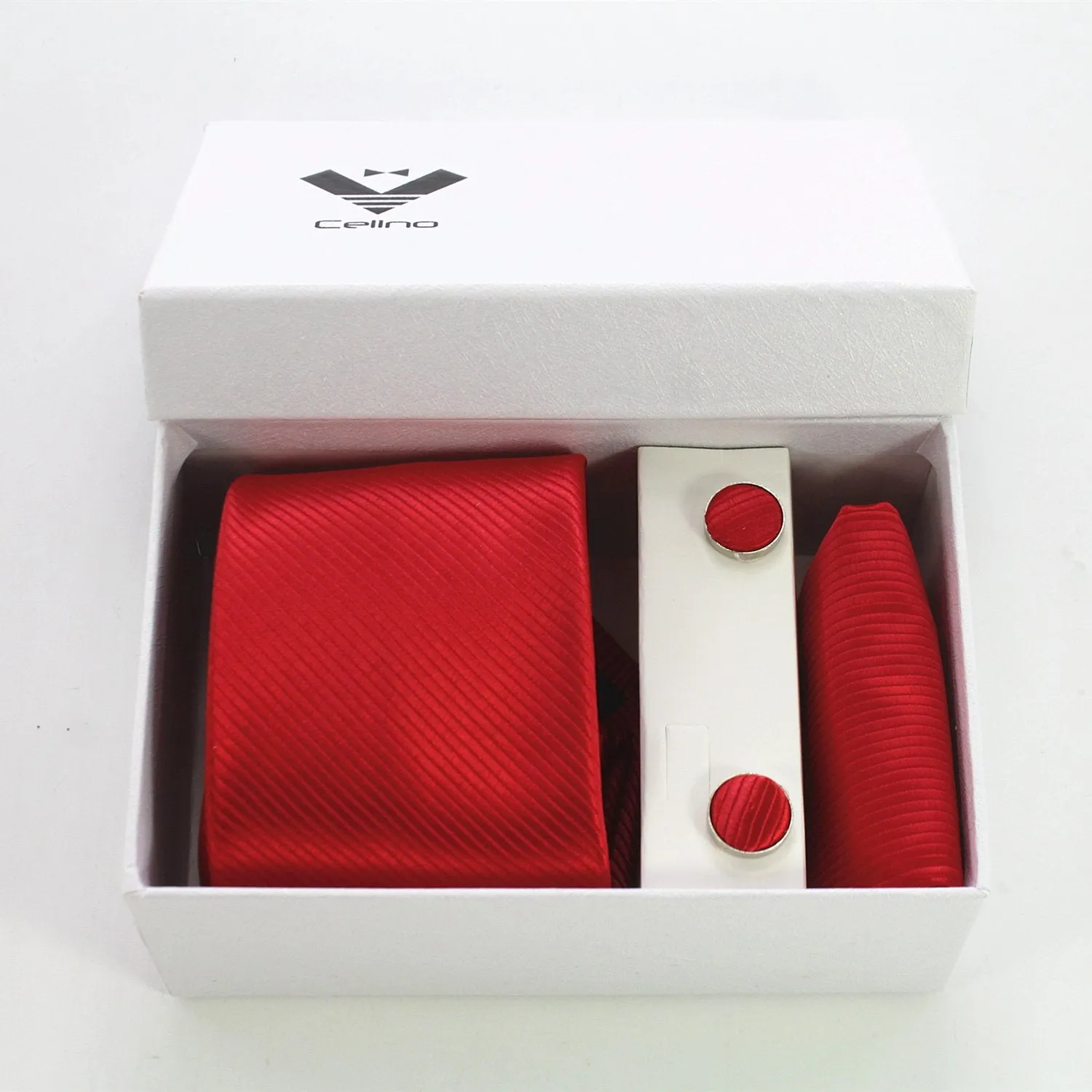 Celino Solid Candy Red Silk Necktie with Cufflinks & Pocket Square for Men