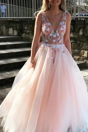 Charming Pearl Pink Tulle A-line V-neck Party Dresses Graduation Gown, MP468