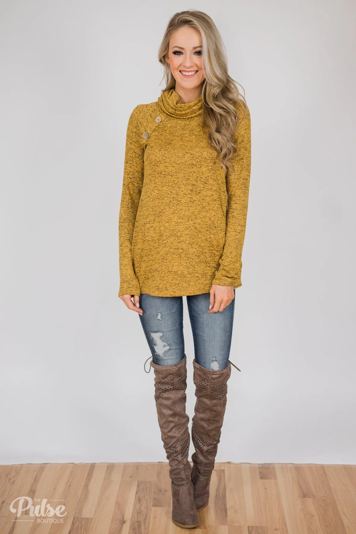 Charming Ways Cowl Neck Button Top- Mustard