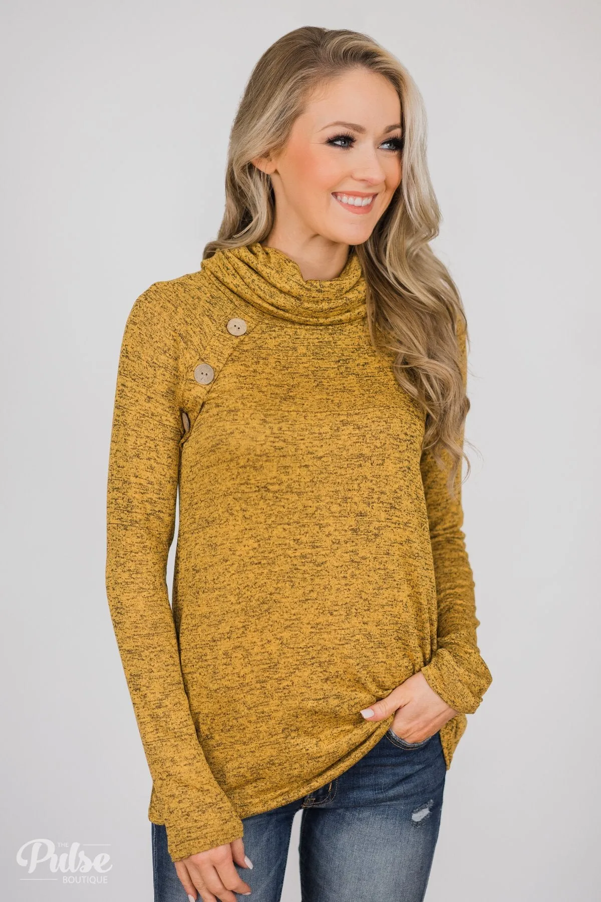 Charming Ways Cowl Neck Button Top- Mustard