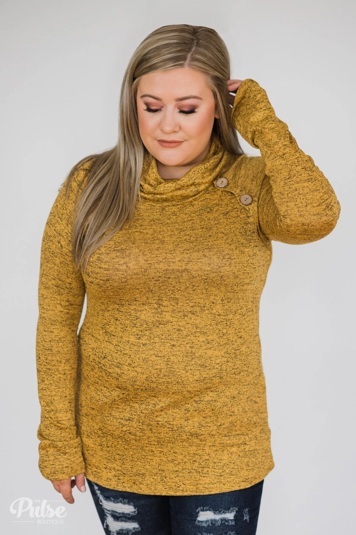 Charming Ways Cowl Neck Button Top- Mustard