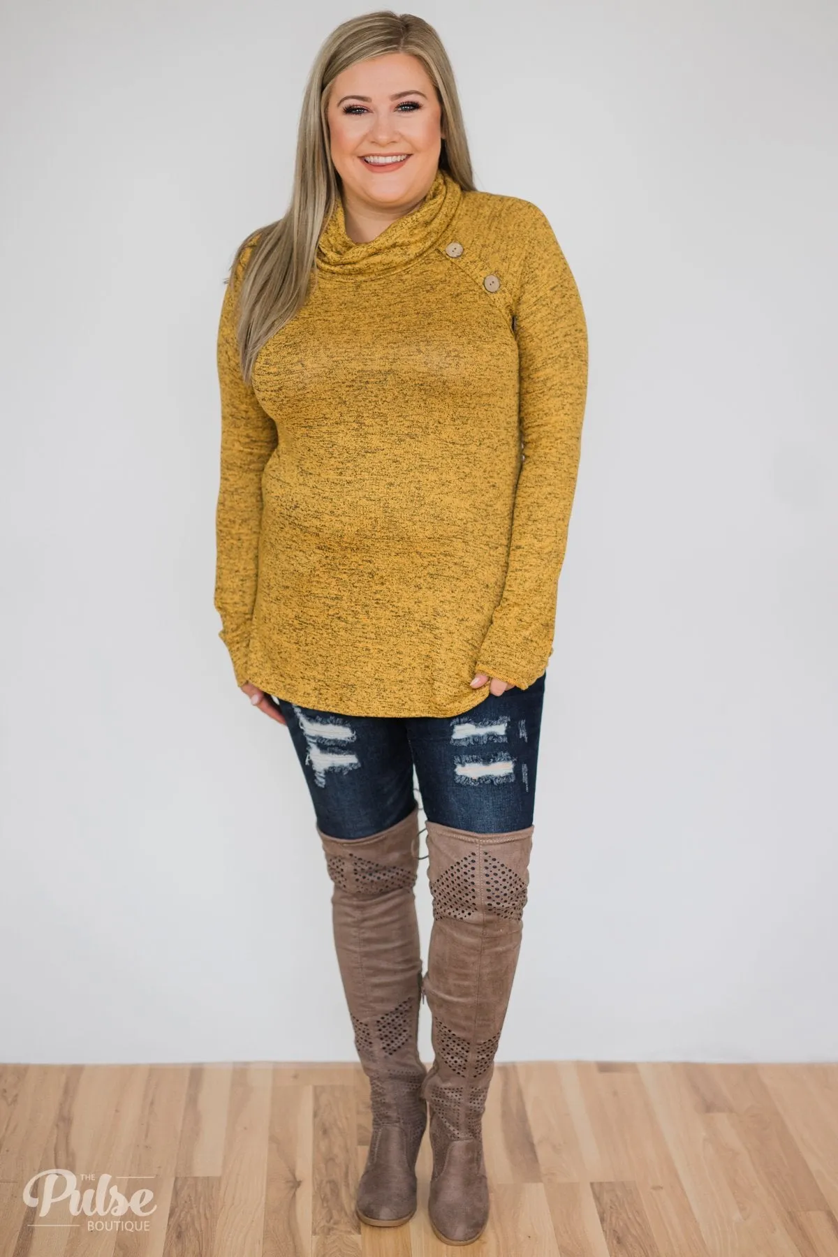 Charming Ways Cowl Neck Button Top- Mustard