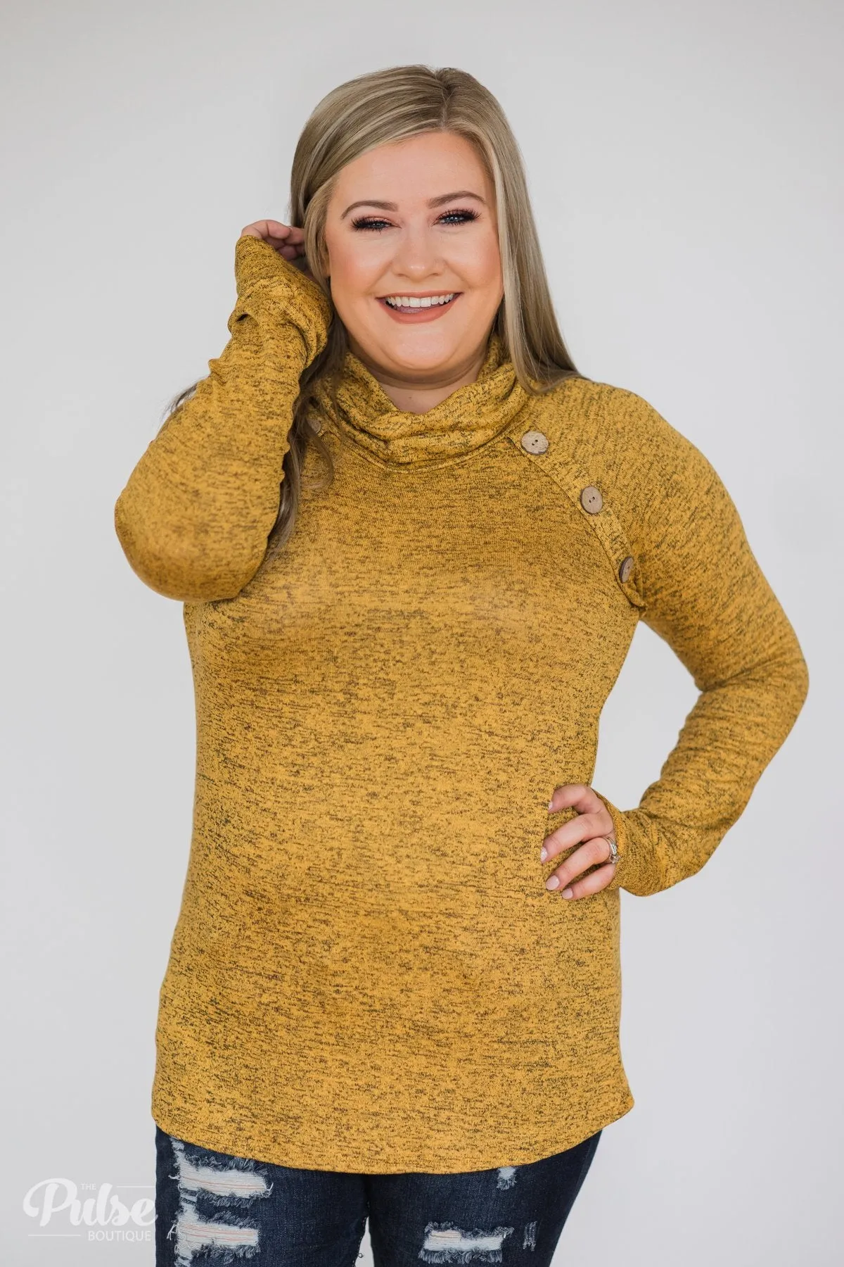 Charming Ways Cowl Neck Button Top- Mustard