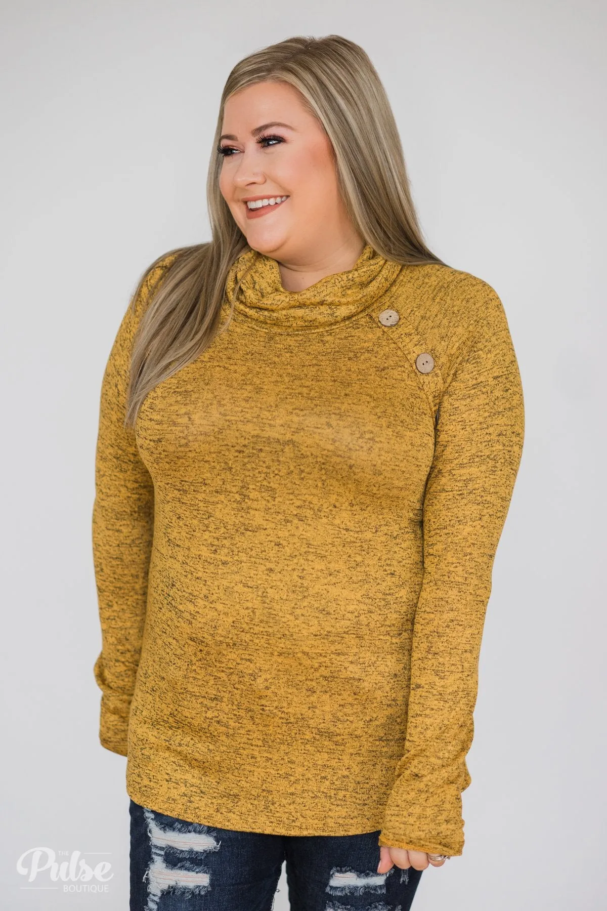 Charming Ways Cowl Neck Button Top- Mustard