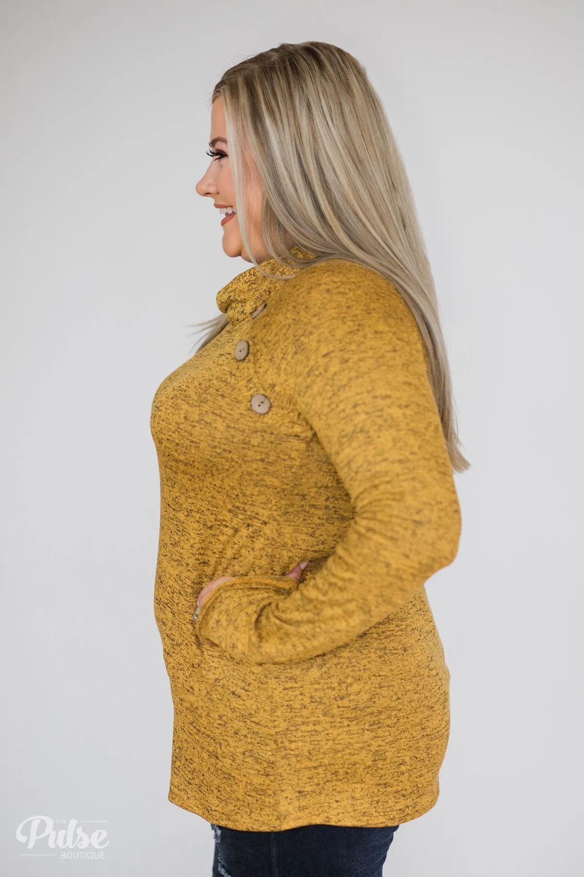 Charming Ways Cowl Neck Button Top- Mustard
