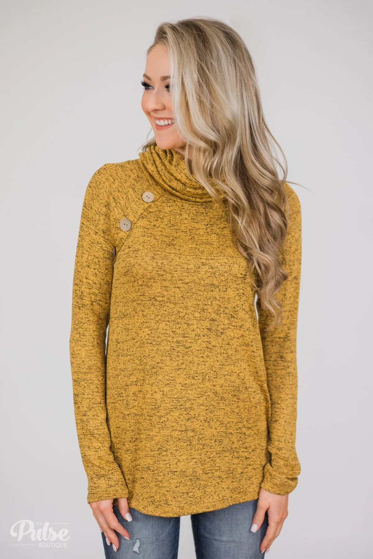 Charming Ways Cowl Neck Button Top- Mustard