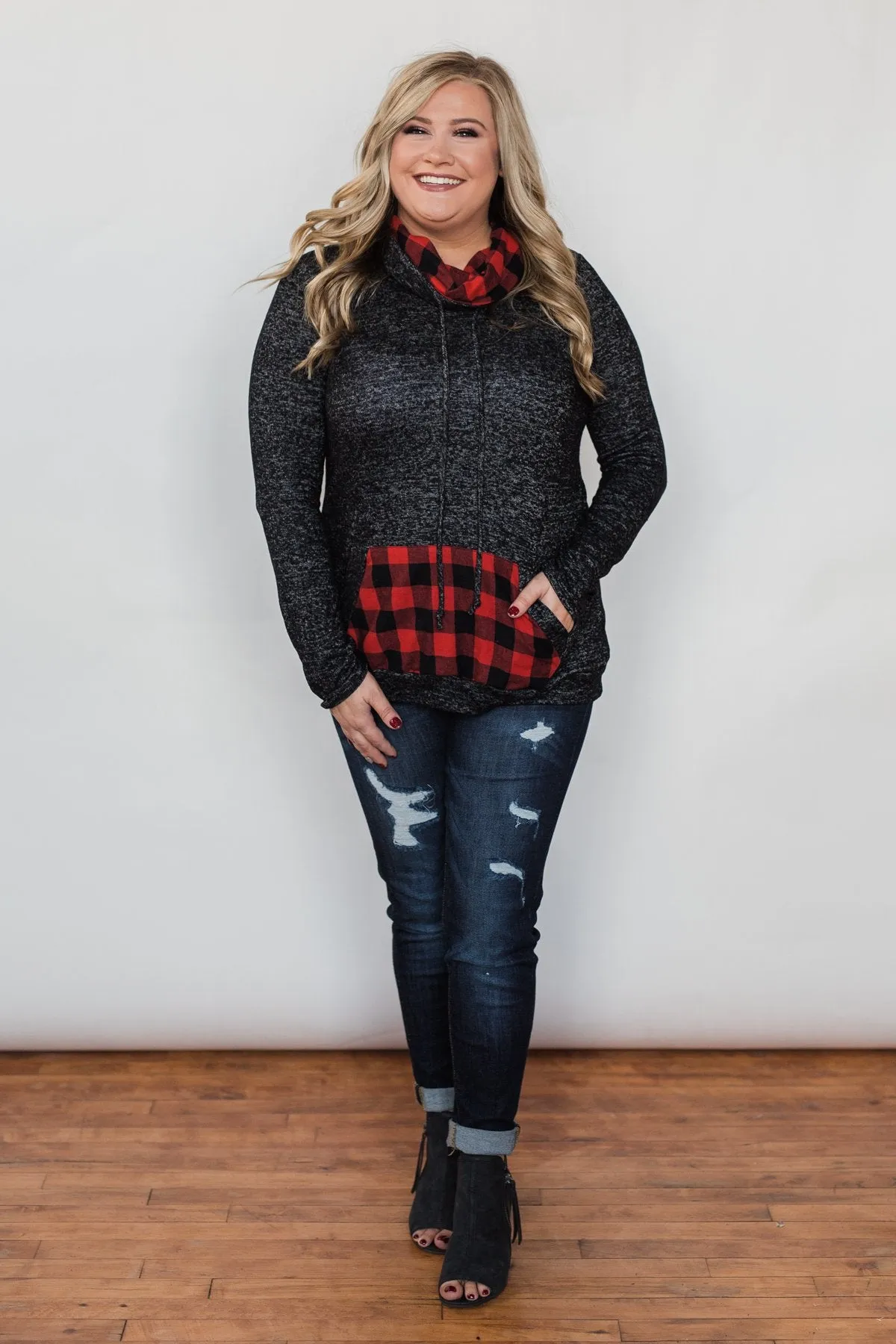 Cheerful in Plaid Cowl Neck Hoodie- Heather Black