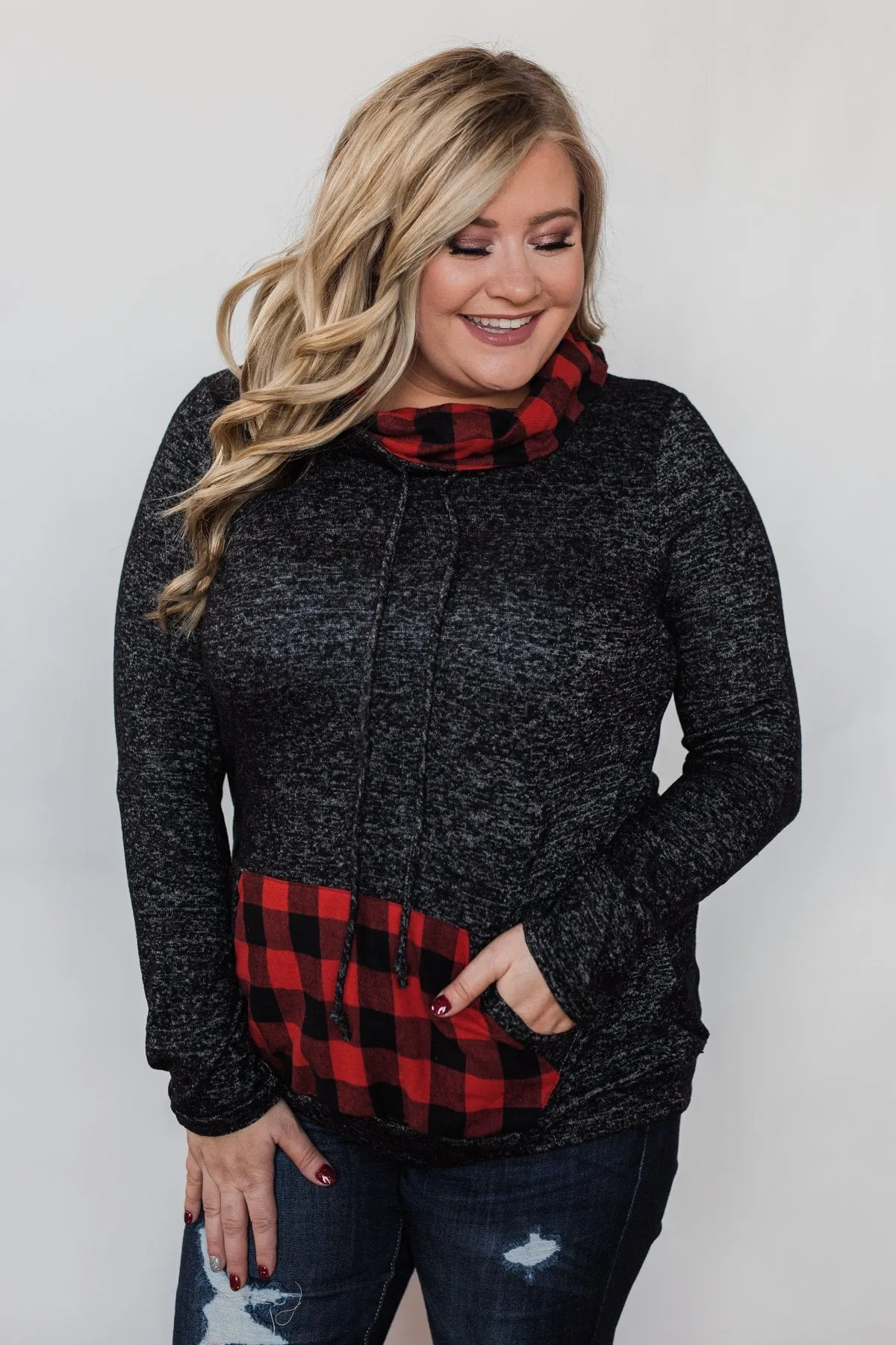 Cheerful in Plaid Cowl Neck Hoodie- Heather Black